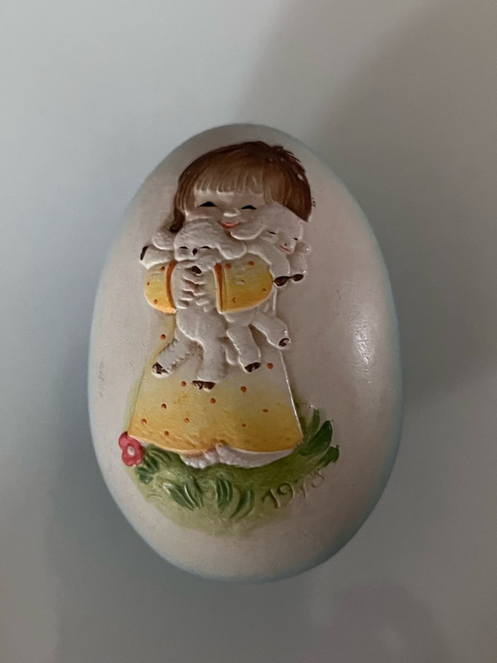 Anri Hand-Painted Handcarved Wood Egg with Girl and Lambs in